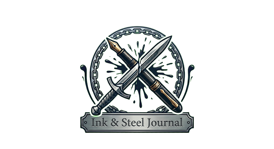 The Ink & Steel Journal — crossed fountain pen and dagger emblem
