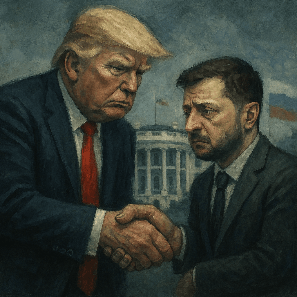 An ink-wash illustration of a tense Oval Office confrontation between two world leaders.