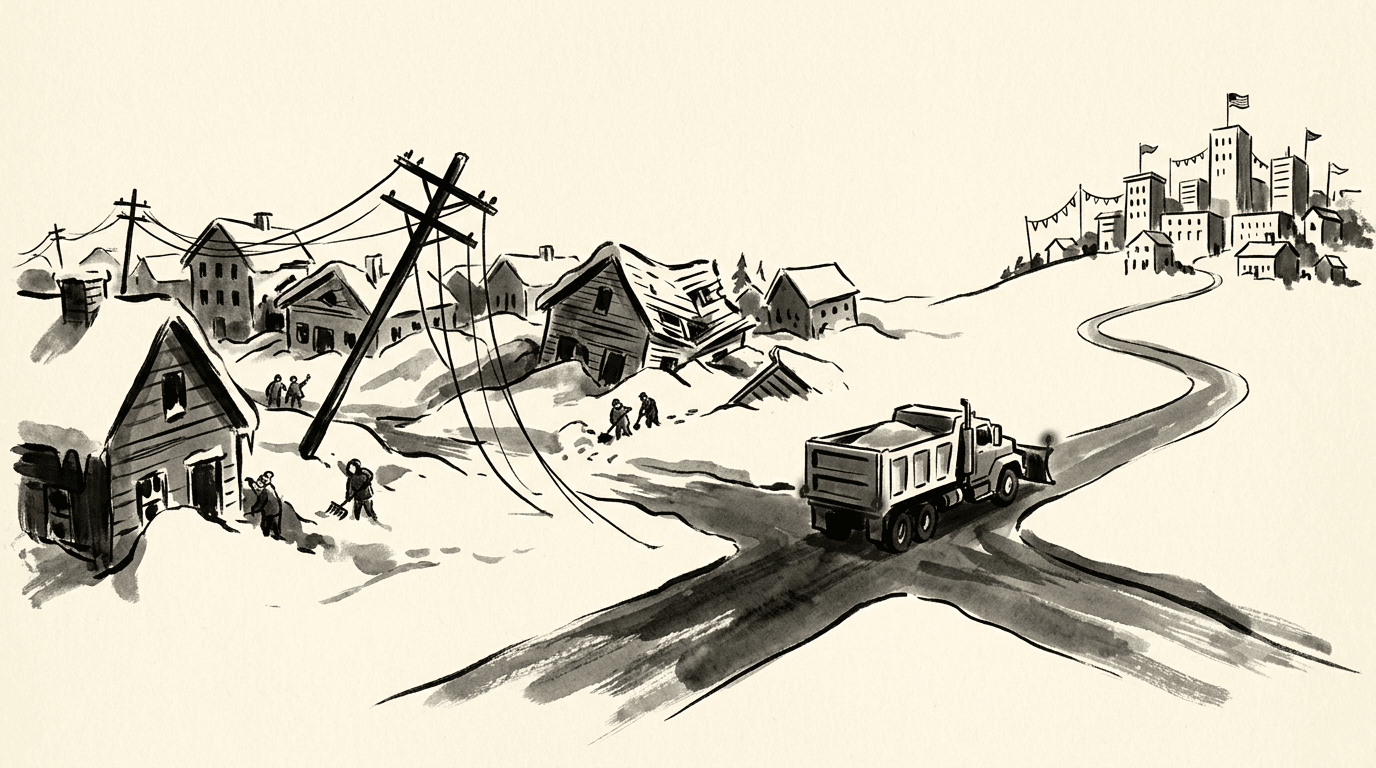 An ink-wash illustration of a snow-buried small town, a single federal aid truck at a fork in the road turning away from it toward a sunny, undamaged town flying victory flags.