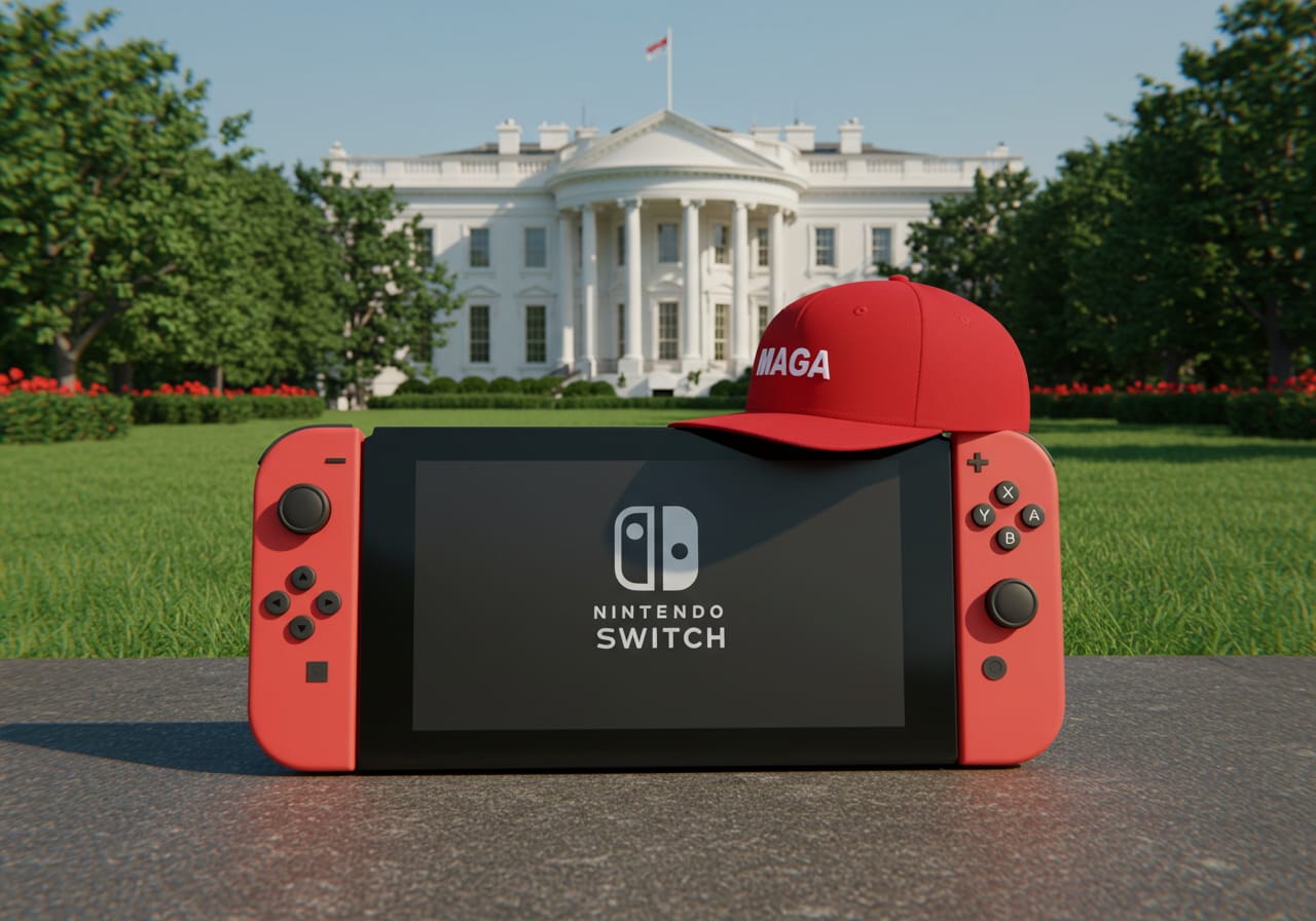 An ink-wash illustration of a Nintendo game console caught in the crossfire of a US-China trade war.