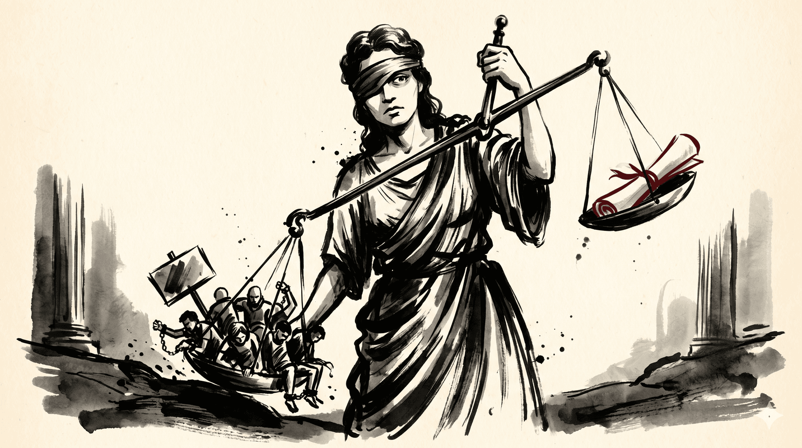 An ink-wash illustration of a blindfolded Lady Justice holding wildly unbalanced scales — one pan crushed to the ground under shackled figures, the other floating high with a single pardon scroll.