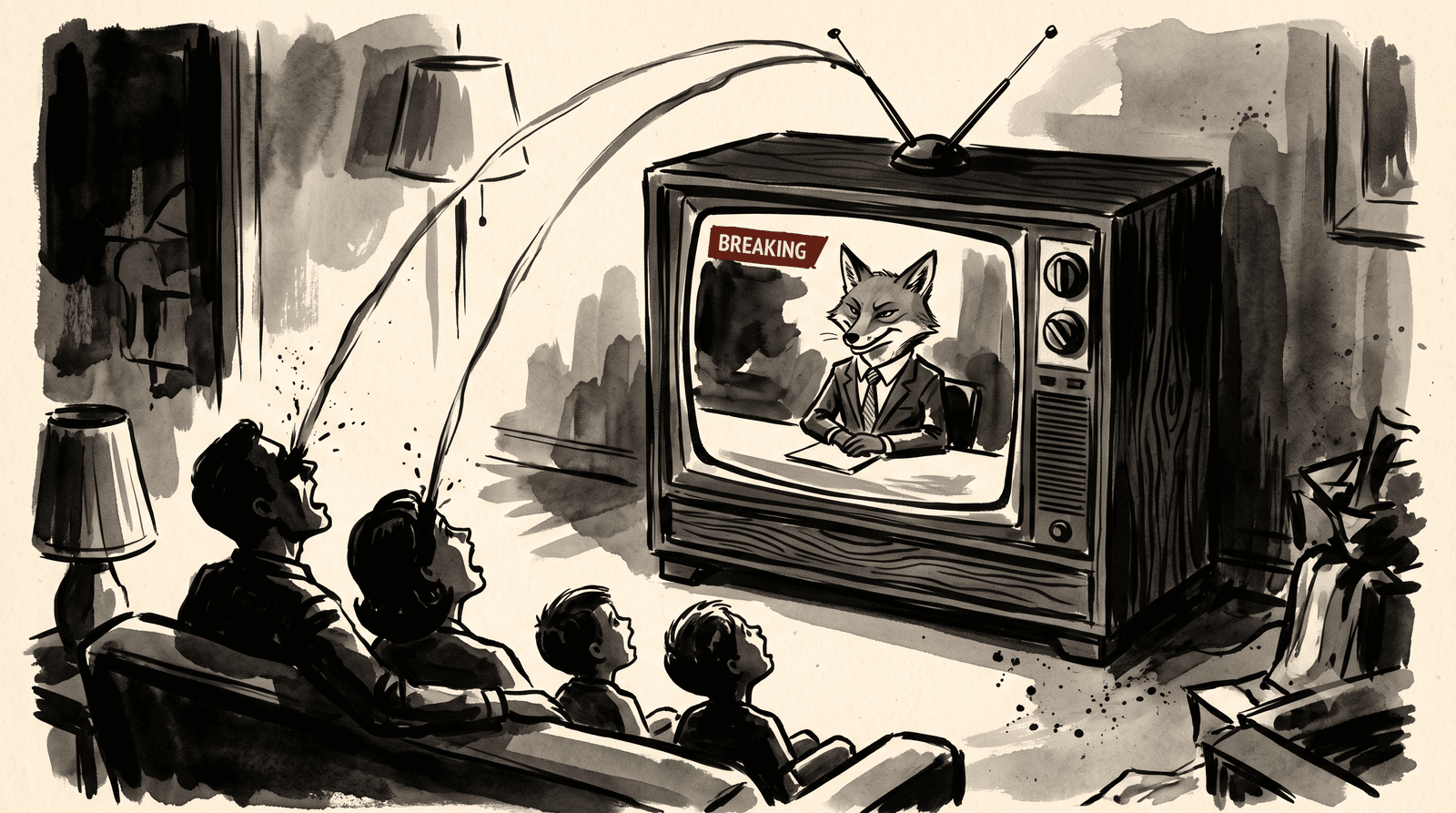 An ink-wash illustration of a giant vintage television with a fox's grinning face on the screen, its antenna dripping ink into the open heads of a rapt living-room audience.