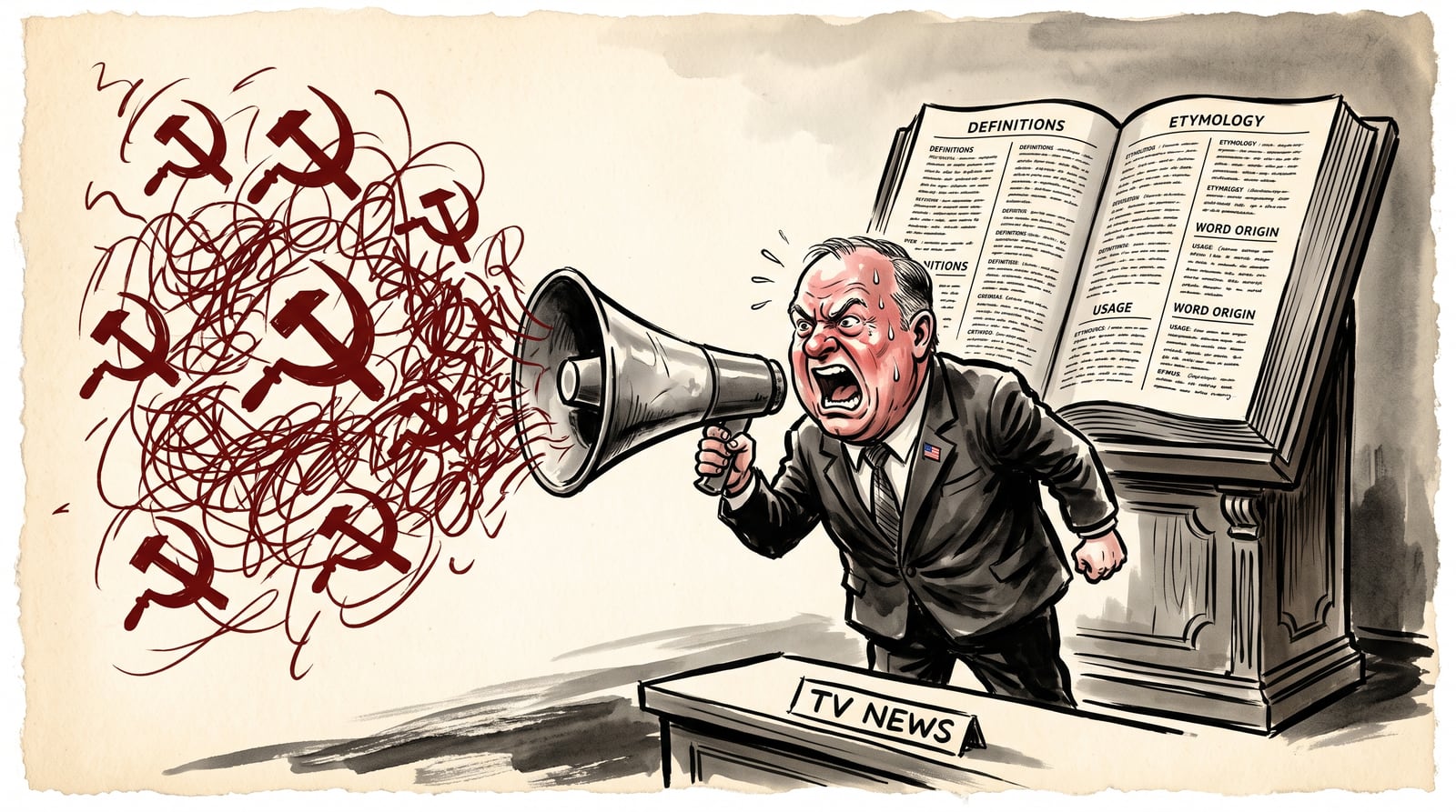 An ink-wash illustration of a red-faced TV pundit shouting through a megaphone labeled with a hammer and sickle, while behind him an open dictionary the size of a billboard shows three clearly separated definitions he isn't reading.