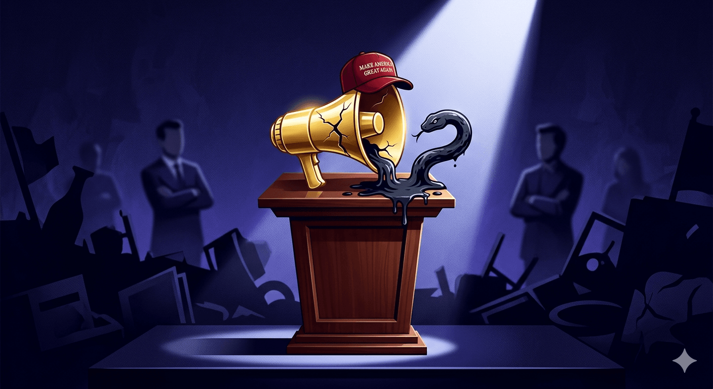 Illustration on political rhetoric and false equivalence in the second Trump term.