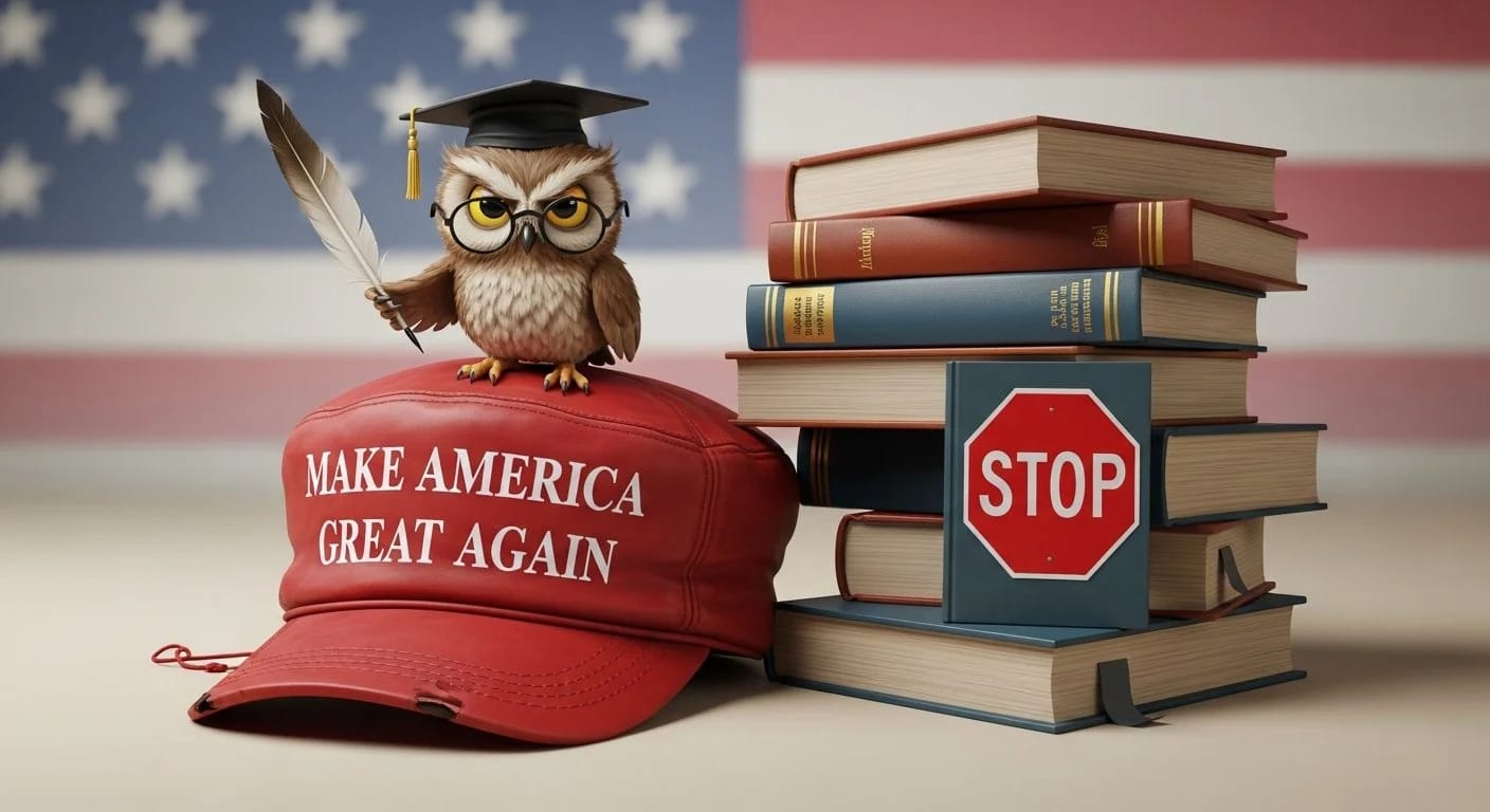 Illustration on higher education and the block on international students.