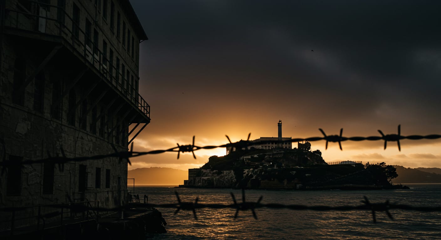 An ink-wash illustration of the fog-shrouded Alcatraz island prison looming over San Francisco Bay.