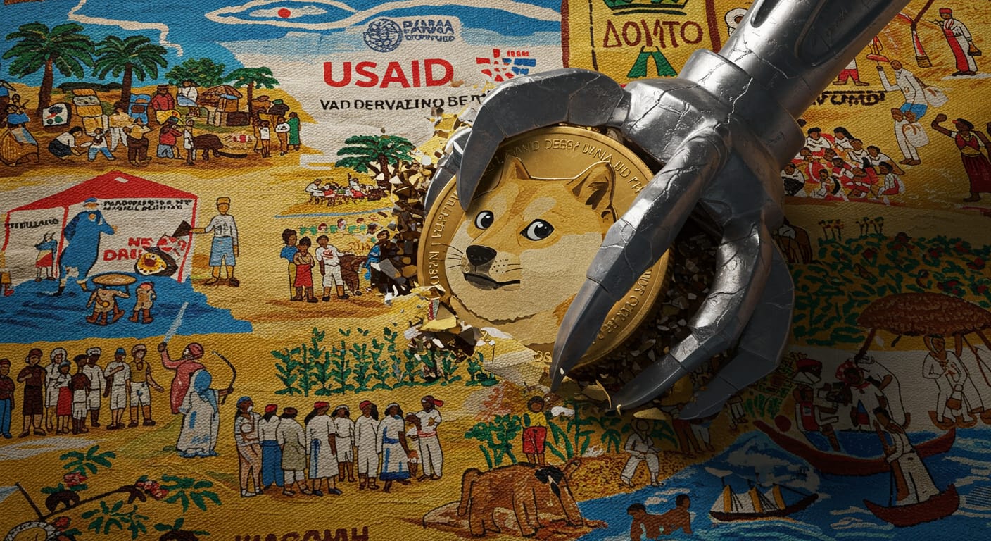 Illustration on Musk's DOGE dismantling USAID and U.S. soft power.