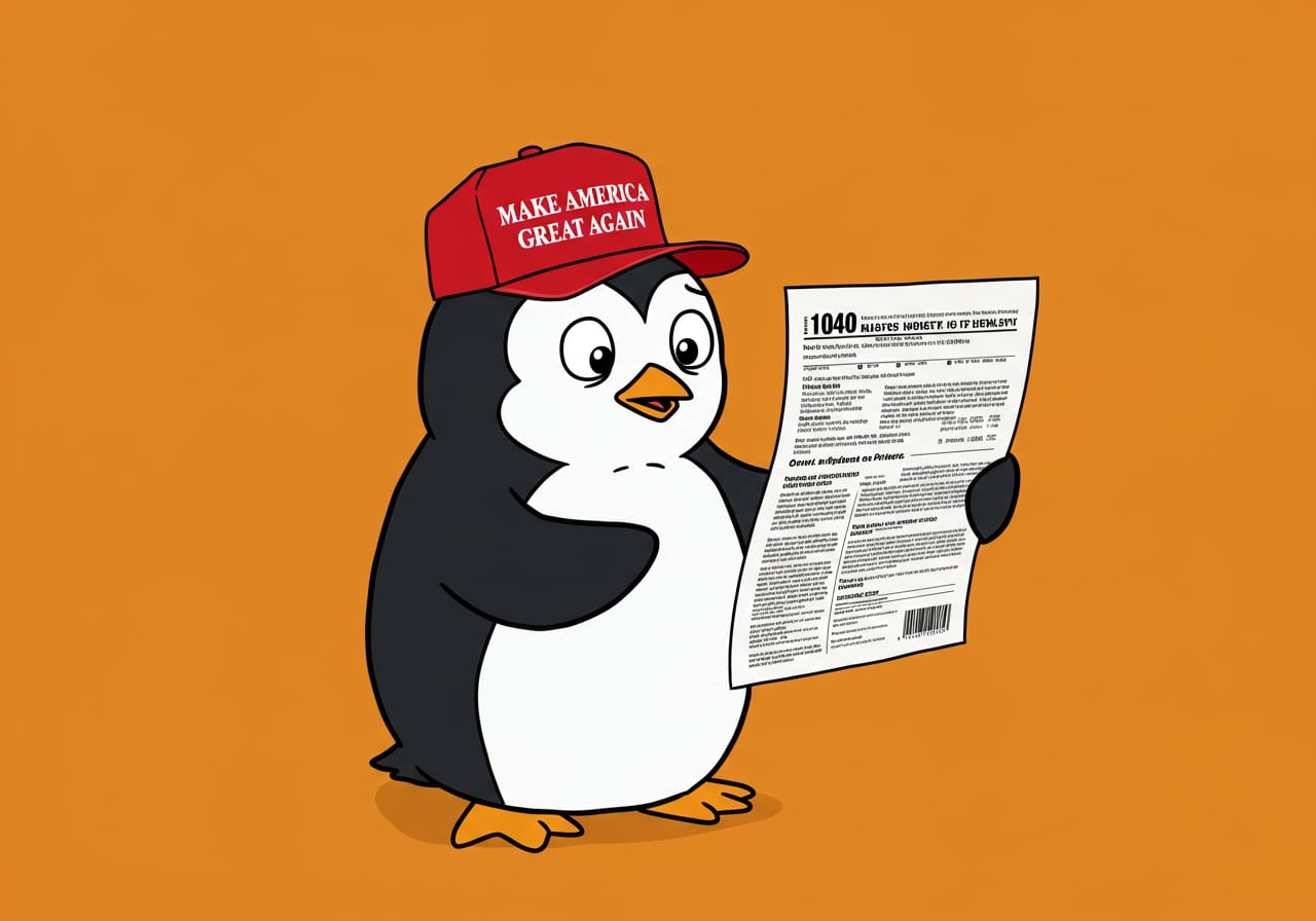 An ink-wash illustration of a penguin standing beneath a looming tariff stamp on an Antarctic ice sheet.