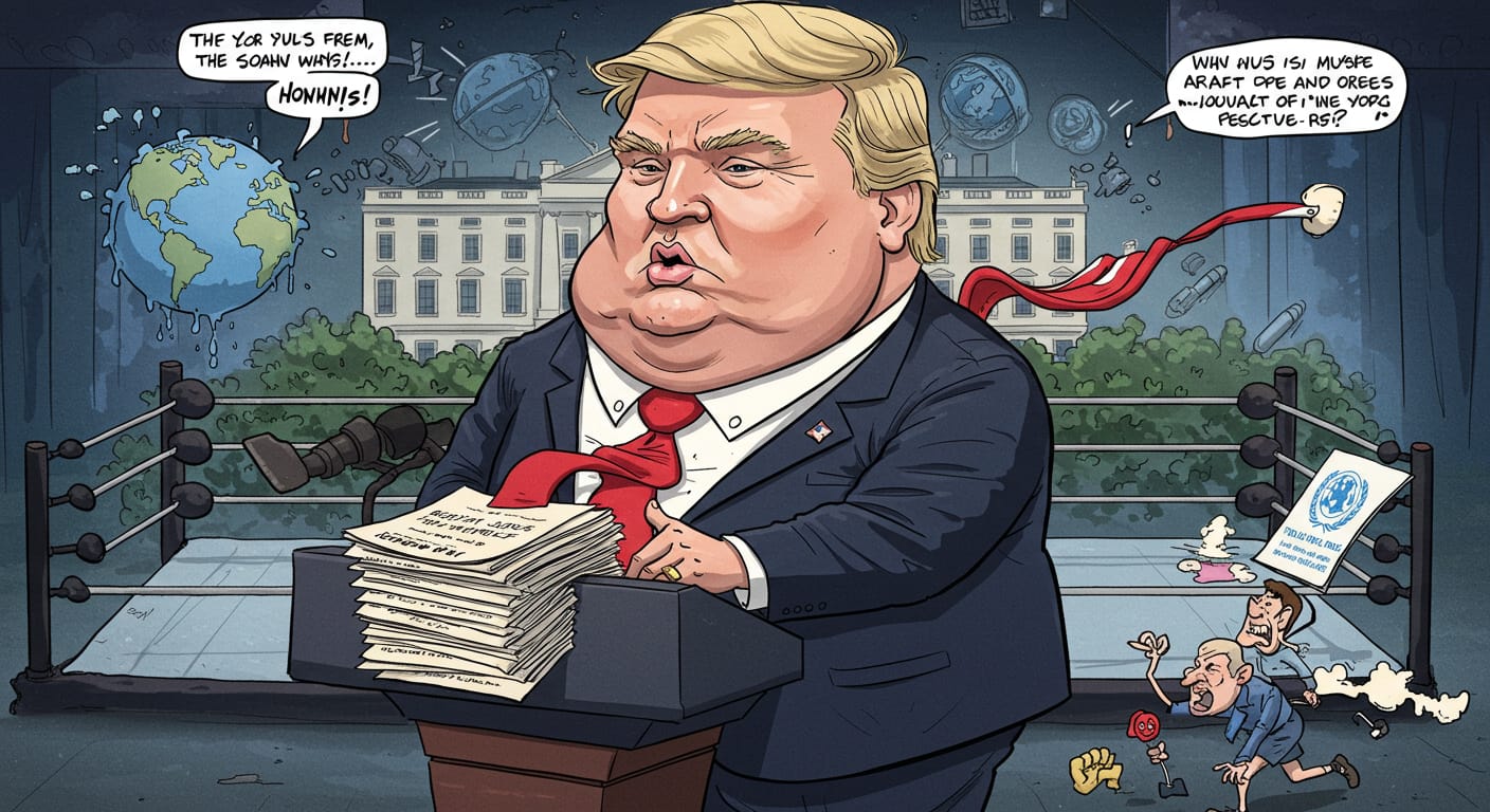 An ink-wash illustration of a stack of executive orders spilling off a presidential desk beneath the Capitol dome.