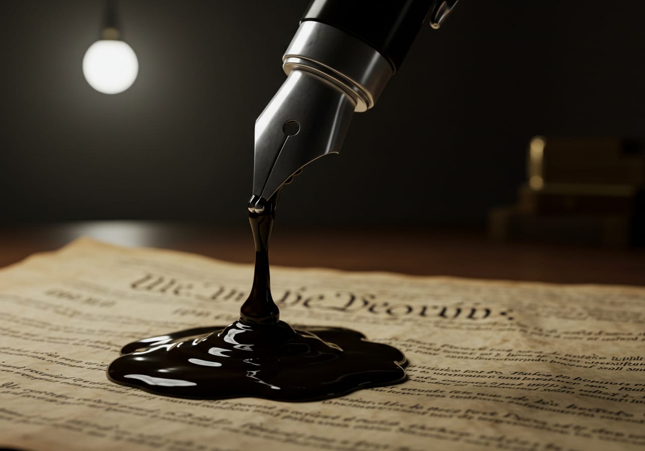 An ink-wash illustration of a judge's gavel crumbling beside a torn court order.