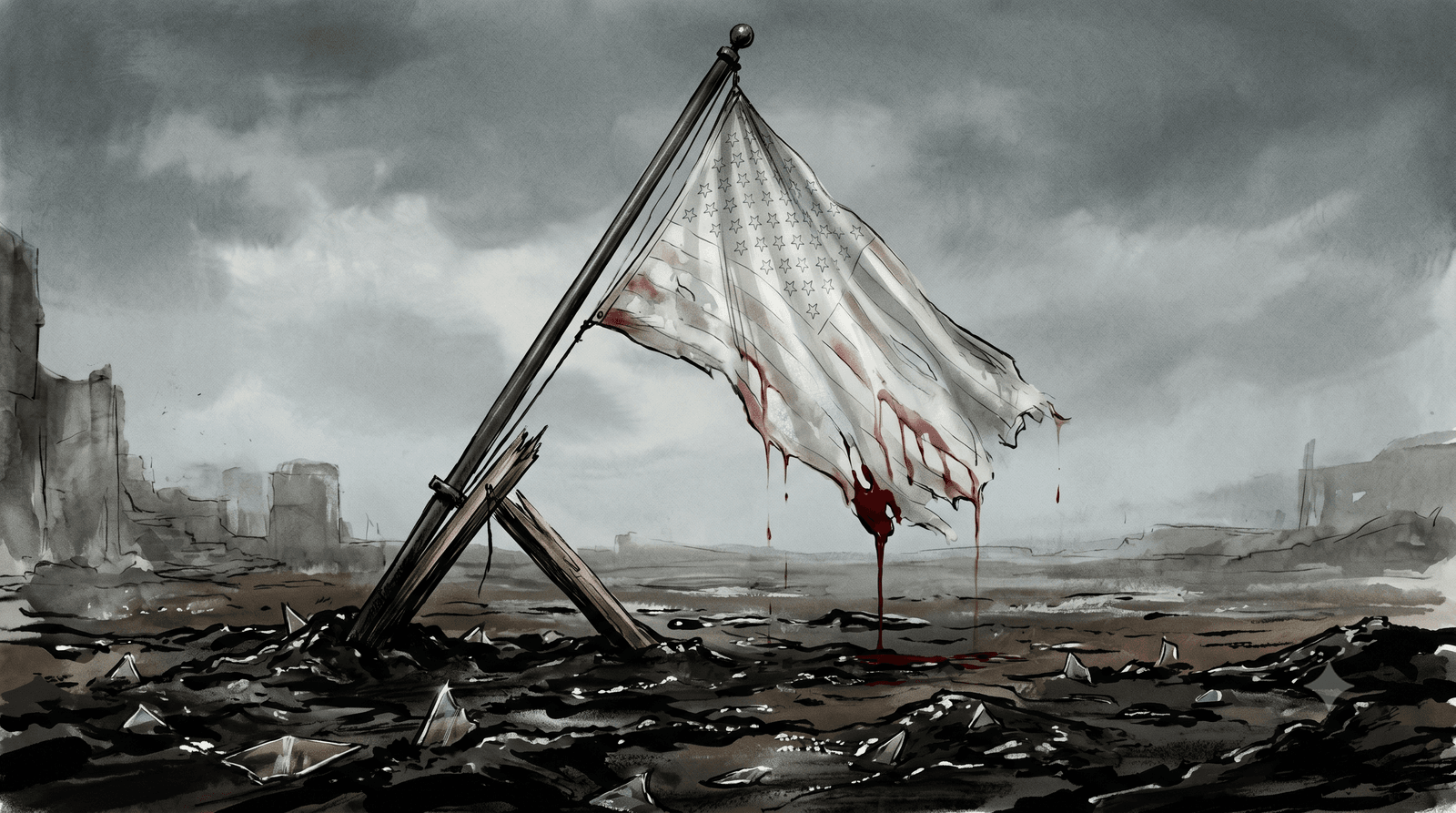 An ink-wash illustration of the American flag bleached into a white flag of surrender, flying over glass-strewn mud.